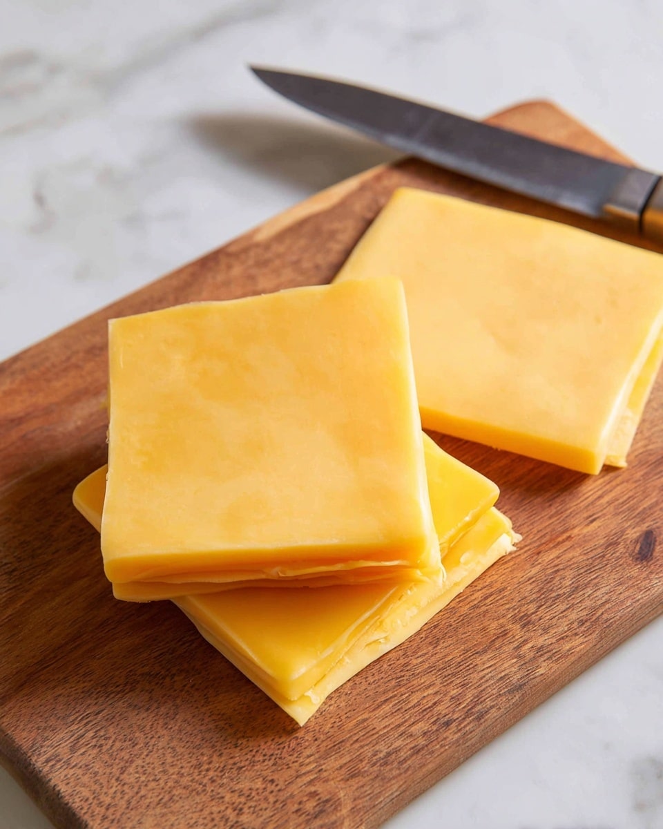Four slices of yellow cheese are arranged on a wooden cutting board, each slice square with smooth edges and a slightly shiny texture. Two slices are stacked lightly on the bottom right, showing an extra layer's thickness, while the other two lie flat on the top left, spaced apart evenly. A shiny knife with a dark handle rests horizontally at the back, slightly out of focus. The background is white marbled texture. photo taken with an iphone --ar 4:5 --v 7