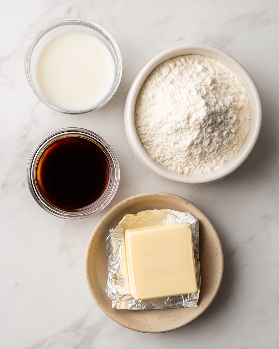 A top view of four cooking ingredients arranged neatly on a white marbled texture: a white bowl filled with a pile of white flour with a slightly crumbly texture at the top right, a small clear glass bowl containing white milk at the top left, a small open jar with dark brown thick syrup at the bottom left, a beige bowl holding a block of smooth white cream cheese at the bottom right, and an unwrapped square of pale yellow butter resting on its foil wrapper just below the center. photo taken with an iphone --ar 4:5 --v 7