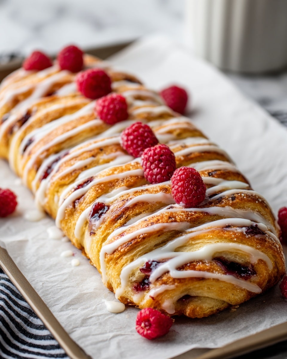 A long, twisted pastry with light golden-brown edges lies flat on white parchment paper over a tray. The pastry has multiple overlapping layers with dark jam visible between them. White icing is drizzled thickly and thinly all across the top in uneven lines. Bright red raspberries are scattered evenly on top and around the pastry, adding a pop of vibrant color. The background shows a soft white marbled surface under the tray with a black and white striped cloth partially visible at the bottom corner photo taken with an iphone --ar 4:5 --v 7