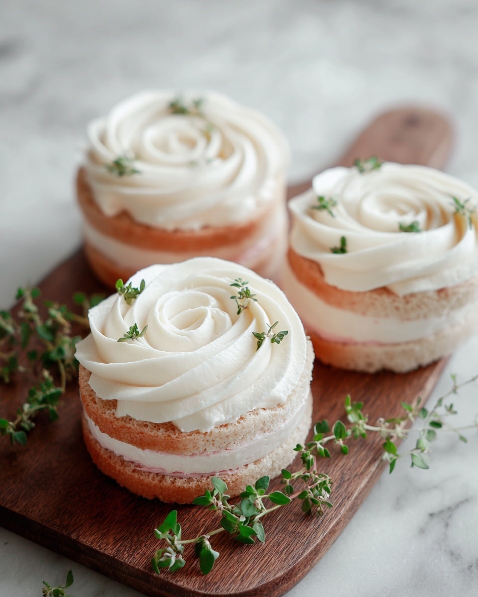 The image shows small, round desserts with three layers: a light tan base, a thick creamy white middle with swirls, and a leafy green garnish on top held by a thin wooden skewer. Each dessert sits on a wooden board, with a white marbled surface underneath. In the background, more of these desserts are visible, also topped with curled green leaves on skewers. Some small green herbs are scattered softly around the board. The scene is bright and clean with a simple layout. Photo taken with an iphone --ar 4:5 --v 7