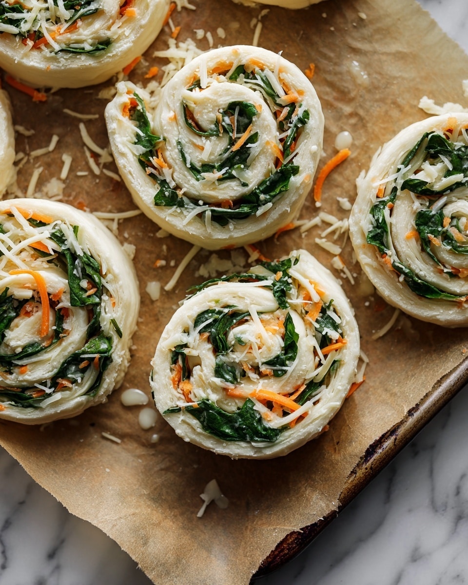 The image shows several uncooked spiral pinwheels on a baking sheet lined with brown parchment paper over a white marbled surface. Each pinwheel has three visible layers: a light, soft dough rolled tightly, a middle layer of mixed green spinach leaves, and a final layer of small orange and white shredded cheese scattered evenly. The pinwheels are round with some irregular edges, and small droplets of oil are visible on and around them, giving a slight shiny texture to the dough. Photo taken with an iphone --ar 4:5 --v 7