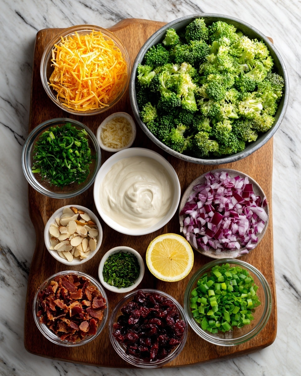 The image shows a wooden board on a white marbled surface, holding several small white bowls and glass bowls arranged neatly. At the top right, a large metal bowl is filled with bright green broccoli florets. Below it and spread across the board are small bowls containing shredded orange cheese, chopped red onions, toasted almond slivers, chopped green onions, dried dark red cranberries, crispy brown bacon bits, fresh green chopped parsley, and a smooth creamy white dressing. There is also a lemon cut in half placed in the center of the board. Photo taken with an iphone --ar 4:5 --v 7