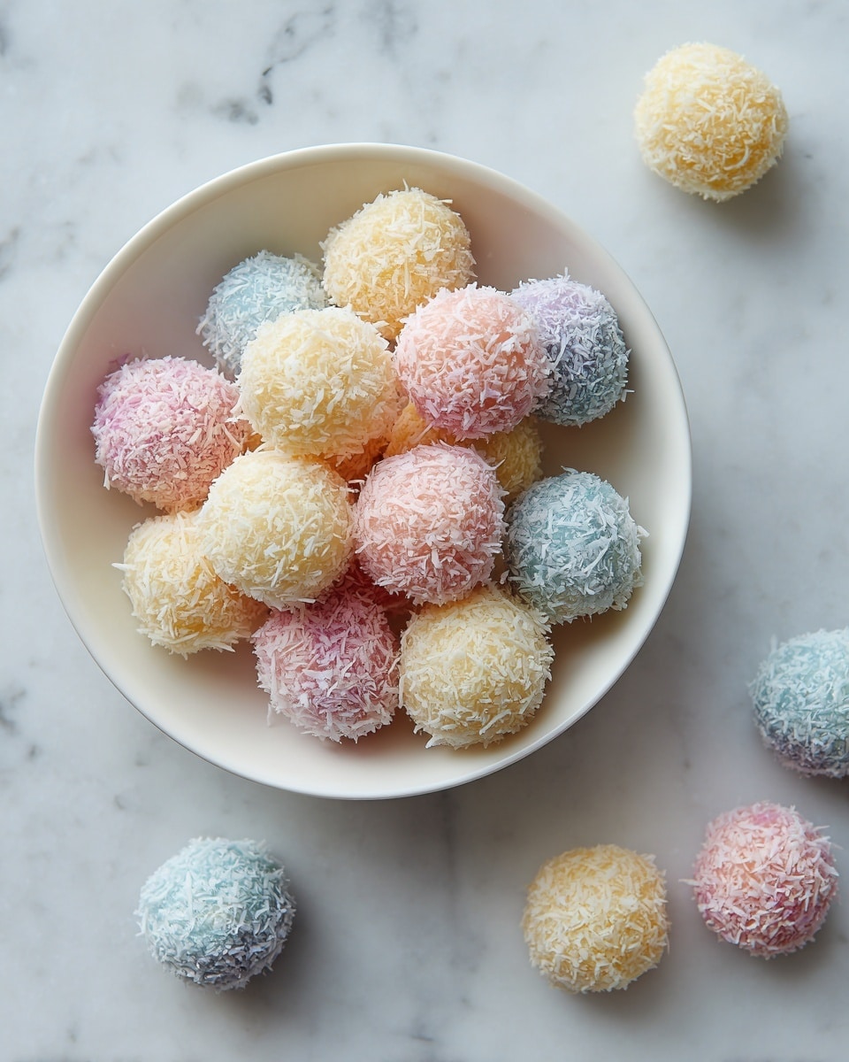 A white bowl filled with small, round balls covered in shredded coconut in pastel colors: light pink, pale blue, soft yellow, and cream. The balls have a rough texture from the thin coconut shreds covering the entire surface. A few balls are outside the bowl on a white marbled surface, matching the background. The arrangement is casual, with some balls layered inside the bowl creating a colorful, soft, and textured pile. Photo taken with an iphone --ar 4:5 --v 7