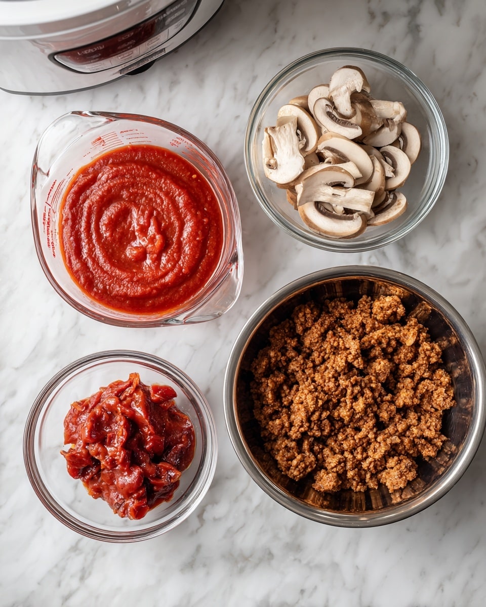 The image shows a white marbled surface with four containers of cooking ingredients arranged in a loose circle: a glass measuring cup filled with smooth, bright red tomato sauce on the left, a small clear glass bowl with light beige cooked sliced mushrooms in the center, another small clear glass bowl holding chunky, deep red cooked tomatoes with juice to the lower right, and a large silver pan filled with cooked, crumbly brown ground meat to the far right. Above these containers, a white slow cooker is partially visible, completing the cooking setup photo taken with an iphone --ar 4:5 --v 7