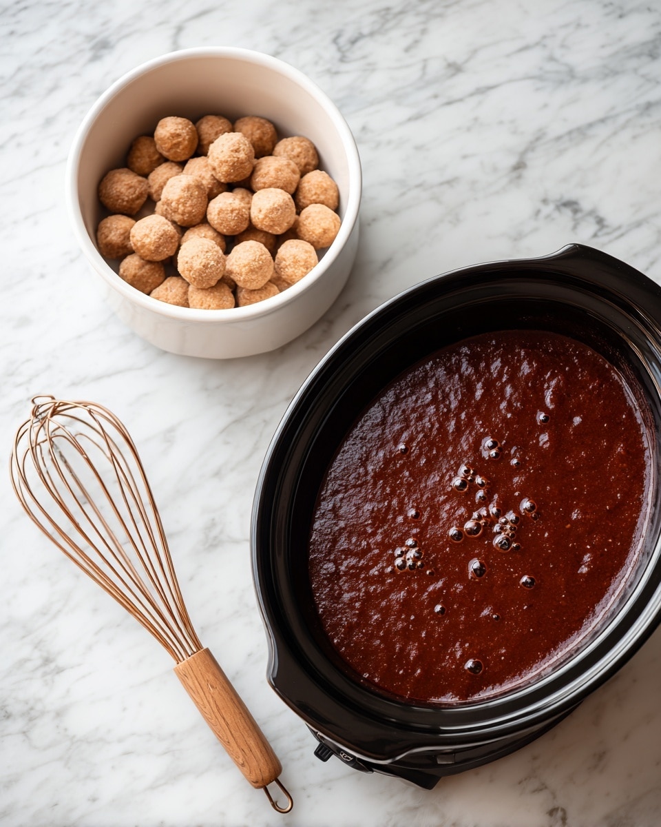 The image shows a black oval slow cooker filled with a thick, dark red-brown sauce with a slightly shiny and smooth texture, small bubbles on top. To the right of the cooker is a white bowl filled with light brown balls that look like uncooked meat or dough. Next to the bowl, on the white marbled surface, lies a small wire whisk with a wooden handle. The image is taken from above, focusing on the slow cooker and the items near it, with the white marbled texture visible underneath. photo taken with an iphone --ar 4:5 --v 7