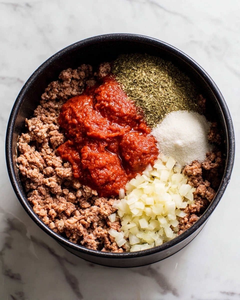 Inside a black pot, there are distinct layers of ingredients arranged in sections. The bottom left half is filled with browned ground meat that has a crumbly texture and a light brown color. The top right section shows thick red tomato paste, forming two rounded shapes. Above the tomato paste, there is a powdered light green herb layer, next to a small pile of white salt. To the right, near the tomato paste, there are finely chopped pale yellow and white pieces, likely onions or garlic. The pot is placed on a white marbled surface. photo taken with an iphone --ar 4:5 --v 7
