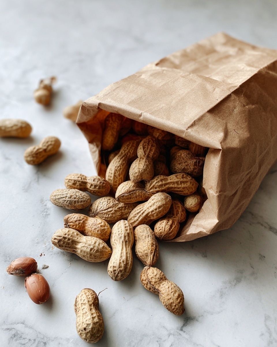 A brown paper bag filled with whole dried peanuts with their shells on is placed on a white marbled surface. Around the bag, several peanut shells are scattered alongside a few whole peanuts still in their shells. The scene shows a simple and natural look with the light brown color of the peanuts and paper bag contrasting with the white marbled background. photo taken with an iphone --ar 4:5 --v 7