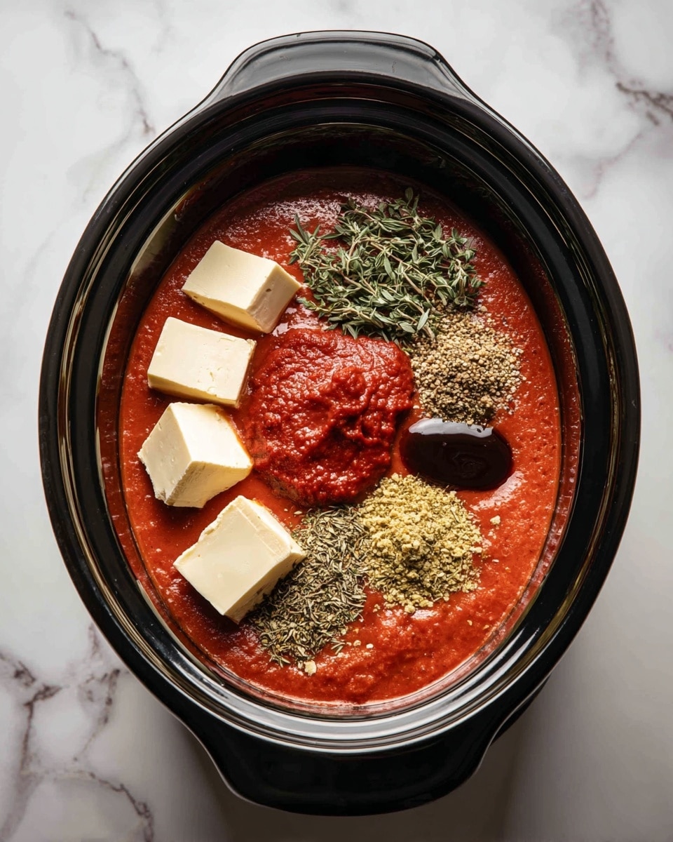 A black slow cooker bowl sits on a white marbled surface, filled with a smooth red tomato sauce as the base layer. On top, there are five beige squares of butter spread out in a circular form. In the center, a thick, deep red dollop of tomato paste stands out. Around this are piles of dried green herbs and black pepper, along with a shiny dark brown glob of Worcestershire sauce to the side. The colors contrast sharply, and the textures range from smooth and creamy to dry and leafy, all clearly visible in the slow cooker. photo taken with an iphone --ar 4:5 --v 7