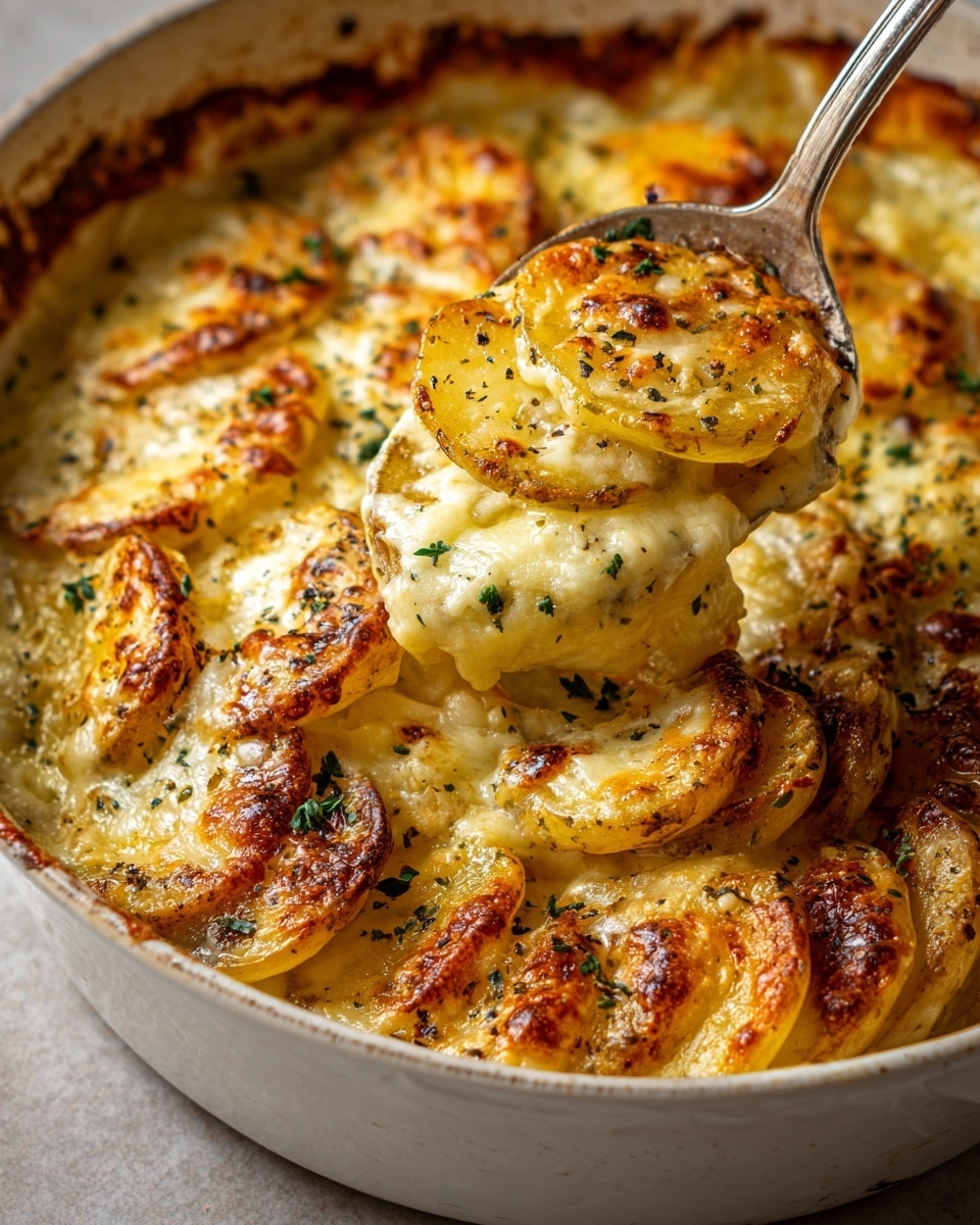 The dish shows many round potato slices, some inside a white pot and some lifted by a silver spoon with a woman's hand holding it near the top left corner. The potato slices are layered in several rows, each covered with melted yellow cheese and sprinkled with green herbs and black pepper. The potato skins are brown, adding texture to the soft, creamy look of the cheese. The dish appears warm and creamy with golden brown spots where the cheese has cooked. Photo taken with an iphone --ar 4:5 --v 7