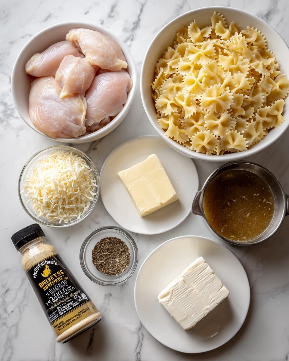 The image shows several white bowls and small dishes arranged on a white marbled surface, each containing different ingredients. One large white bowl holds three pieces of raw chicken, light pink in color with smooth texture. Another large white bowl is filled with uncooked bowtie pasta, yellowish and textured with ruffled edges. A smaller white bowl contains finely shredded white parmesan cheese piled loosely. A small brownish dish holds a square of pale yellow butter. Next to it is a white plate with a block of smooth, white cream cheese. There is also a metal measuring cup filled with golden-brown chicken broth, shiny on the surface. A small clear bowl holds a mix of dark spices. Finally, a tall bottle of Buffalo Wild Wings parmesan garlic sauce with yellow, black, and white label is lying on the surface near the spices. Photo taken with an iphone --ar 4:5 --v 7