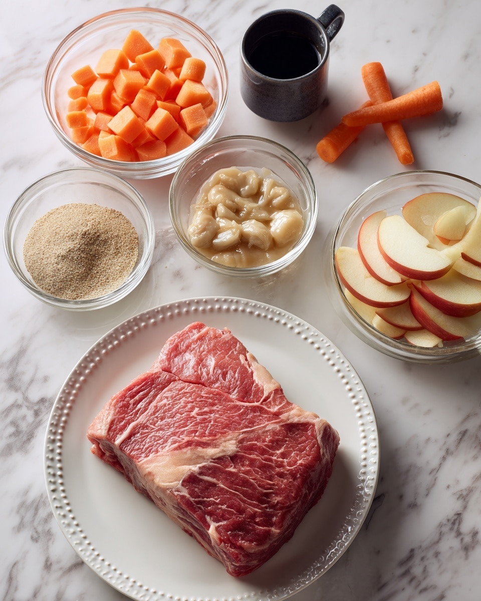 The image shows a fresh, thick piece of raw red meat placed on a white plate with a dotted rim, positioned at the bottom center of the image. Above the plate, there are five clear glass bowls arranged on a white marbled surface: one bowl filled with small bright orange carrot chunks on the left, a bowl with beige and brown dry seasoning mix in the middle, a bowl with creamy, light beige mushroom sauce with visible mushroom bits to the right, a bowl with sliced light red-skinned apples above the sauce, and a small black cup filled with dark liquid to the top left. A few loose carrot pieces are scattered on the marbled surface near the carrot bowl. photo taken with an iphone --ar 4:5 --v 7
