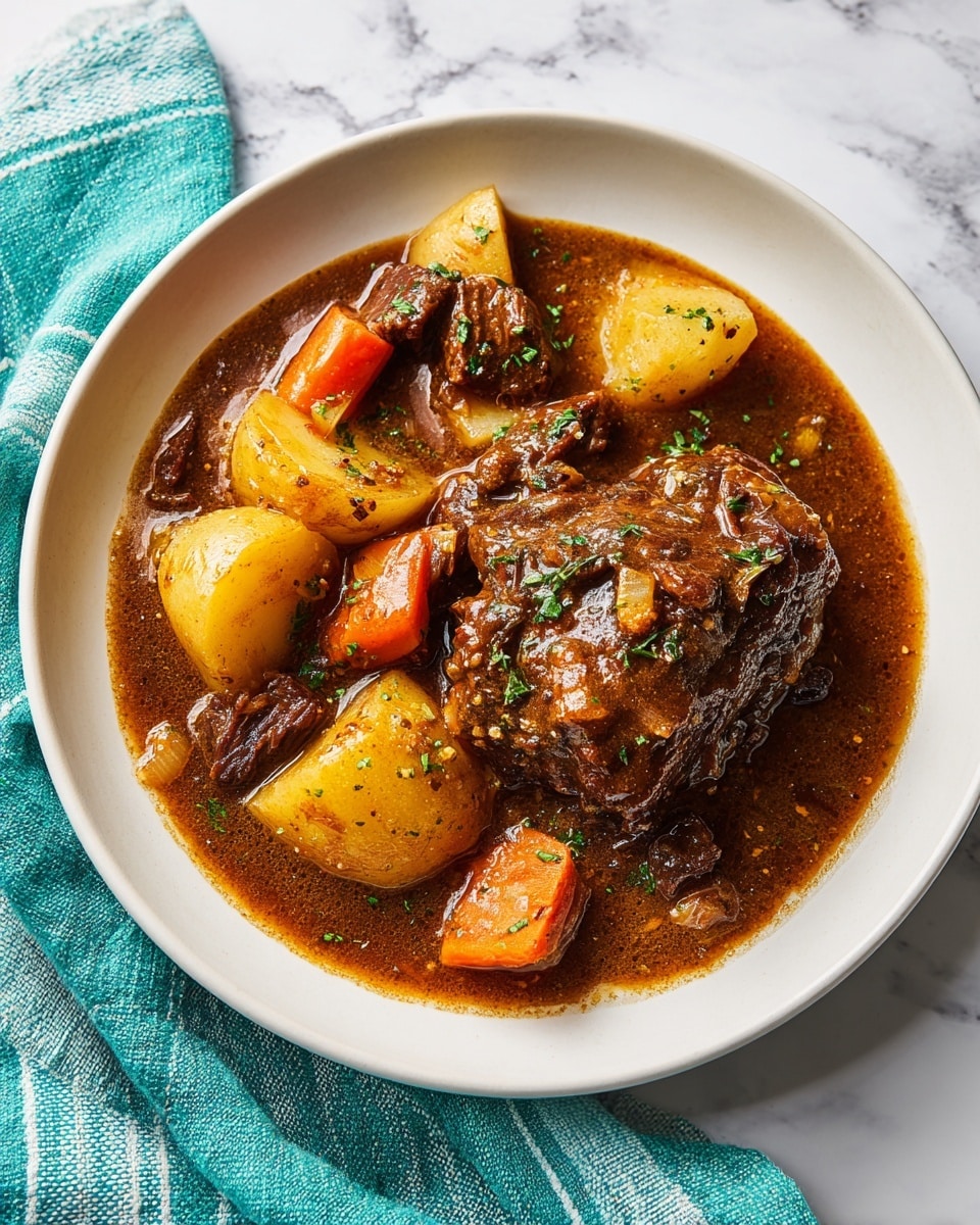 A white plate sits on a white marbled surface with a stew of rich brown sauce filling most of the plate. The stew has a large meat piece on the right, covered in thick brown gravy with small bits of onion or garlic. Around the meat, there are chunks of yellow potatoes with brown skin, small orange carrot pieces, and darker meat chunks scattered in the sauce. The sauce looks smooth but thick, with tiny spices visible. A teal cloth with white stripes is near the plate's bottom left corner. photo taken with an iphone --ar 4:5 --v 7