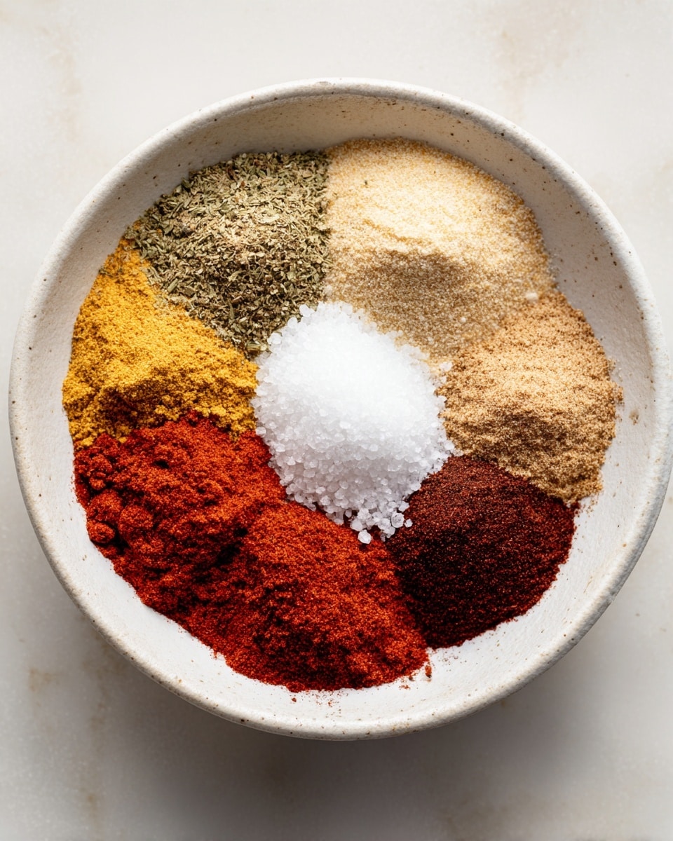 A white bowl sits on a white marbled surface and contains six different spices arranged in separate sections without mixing. Starting from the top left, there is a coarse greenish-brown spice, next to it is a pale yellow granular spice, followed by a light brown sandy spice on the right. Below, a bright red powder fills the bottom left section, with a dark reddish-brown spice next to it at the bottom right. In the center is a small pile of fine white salt, contrasting with the surrounding spices. The spices are neatly placed in distinct areas within the bowl. photo taken with an iphone --ar 4:5 --v 7