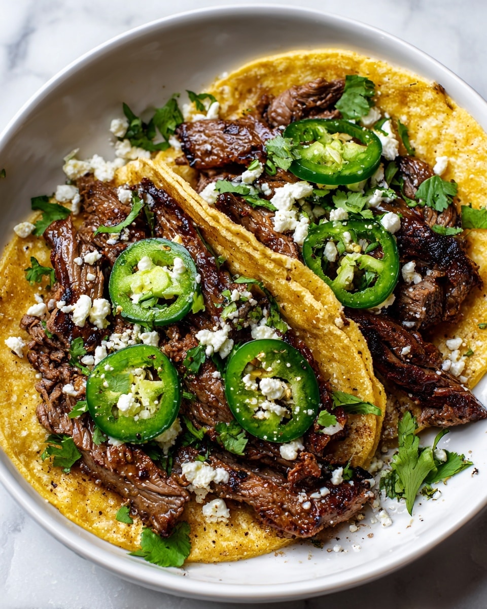 The image shows two yellow corn tortillas as the base layers in a white bowl, each slightly folded and overlapping. On top of the tortillas, there are several strips of browned grilled meat with a textured surface. Bright green slices of jalapeño peppers are scattered over the meat, along with small sprigs of fresh green cilantro leaves. White crumbly cheese is sprinkled evenly over the whole dish. The bowl sits on a white marbled surface with soft natural lighting highlighting the fresh and rich colors of the ingredients. Photo taken with an iphone --ar 4:5 --v 7