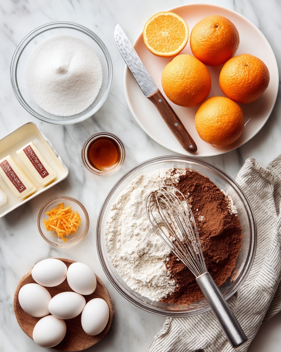 A top view of baking ingredients is placed on a white marbled surface. On the right side, a large clear glass bowl holds three separate powdered layers: white flour on the left, brown cocoa powder on the right, and white baking powder or sugar in the middle, with a metal whisk resting in the bowl. Above this bowl, a white round plate holds three whole bright orange oranges and two orange halves, with a serrated knife with a brown handle lying across the plate. To the left, there is a clear glass bowl filled with white granulated sugar, and below it on a small wooden plate, two small clear bowls hold orange zest and a brown liquid, likely vanilla extract. On the bottom left, a white egg container holds four white eggs, and next to it, two sticks of unsalted butter wrapped in beige paper with red lettering are placed diagonally. A striped gray and white cloth napkin is casually draped near the sugar bowl. Photo taken with an iphone --ar 4:5 --v 7