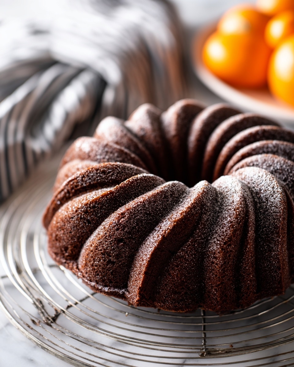 A single layer of dark brown chocolate cake with a slightly cracked, textured surface sits inside a gray bundt pan with a central hole. The cake looks moist and dense, filling the pan almost to the top. The pan is on a round metal cooling rack over a white marbled surface. In the background, there is a blurred striped cloth and a white round tray with two orange tomatoes and a knife resting on it. The scene is bright and cozy, focused on the cake. photo taken with an iphone --ar 4:5 --v 7