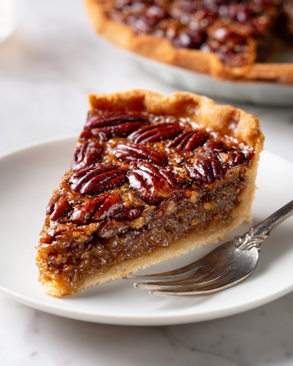 The image shows a round pecan-topped cake on a white plate placed on a white marbled surface. The cake has two visible layers: the bottom layer is a light brown, crumbly cake with a soft texture, and the top layer is a thick, glossy caramel coating covered with whole and chopped pecans. Part of the cake has been removed, showing the soft inside of the cake and some crumbs on the plate. In the background, there is a blurred white bowl and a small portion of the removed cake on another white plate. Photo taken with an iphone --ar 4:5 --v 7