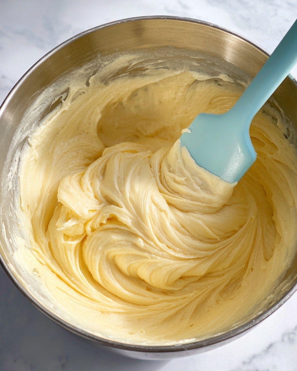 A close-up view inside a metal mixing bowl filled with smooth, creamy yellow batter with soft swirls and peaks showing its fluffy texture. A pale blue spatula rests inside the bowl, partially covered with the batter. The background is a white marbled texture. photo taken with an iphone --ar 4:5 --v 7