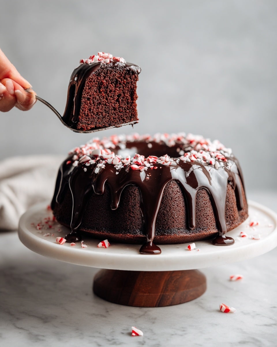 The image shows a chocolate ring cake on a white cake stand with a dark wooden base, placed on a white marbled surface. The cake has one thick dark brown layer and is covered with shiny dark chocolate glaze that drips down the sides in thick streams. Crushed white and red peppermint candy pieces are scattered on top of the glaze and around the cake on the surface. A slice of the cake, showing its soft, moist dark brown texture, is held above the cake with a silver fork by a woman's hand. The background is a soft, light grey tone. photo taken with an iphone --ar 4:5 --v 7