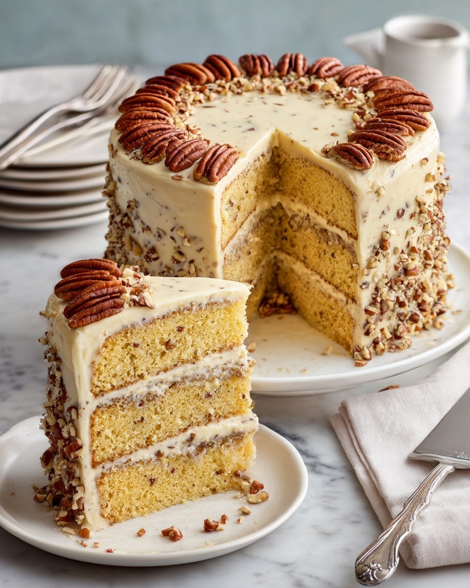 A three-layer yellow cake with light brown frosting containing small pecan pieces between each layer and covering the whole outside. The top is decorated with a full layer of whole pecans. The cake is on a white plate with a silver serving utensil resting beside it. The background shows a white marbled surface. photo taken with an iphone --ar 4:5 --v 7