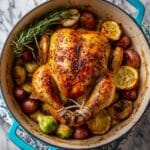 Dutch Oven Roast Chicken with Potatoes and Brussels Sprouts Recipe