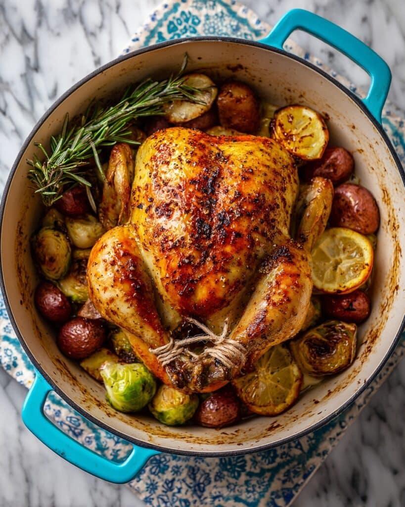 Dutch Oven Roast Chicken with Potatoes and Brussels Sprouts Recipe