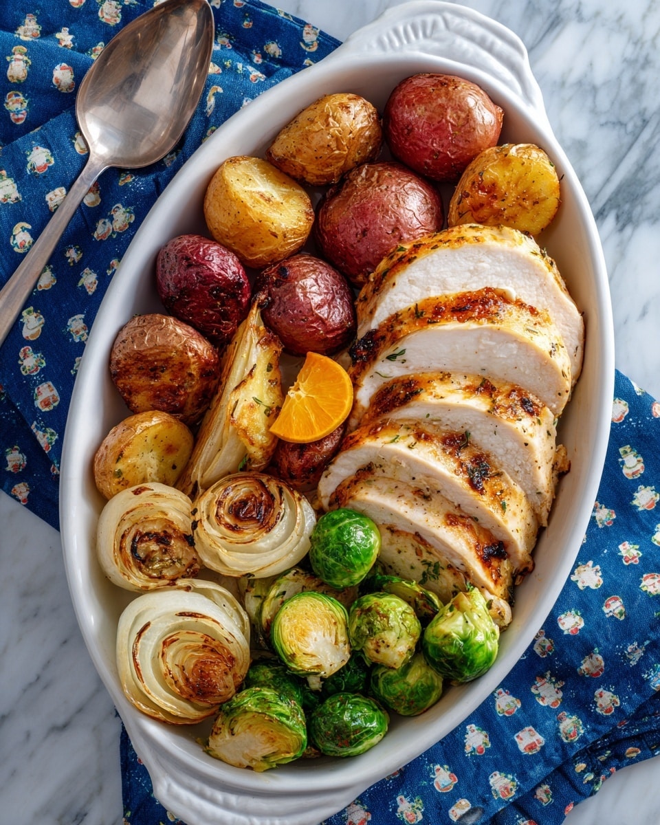 A white curved dish filled with a roasted meal, showing four thick slices of golden-brown roasted chicken placed on top towards the back right side. Below and around the chicken are round, roasted red and yellow baby potatoes with browned, crispy skins. To the front left are two round slices of roasted onion with a light golden surface and a whole bulb of roasted garlic with papery white skin. Near the bottom right corner, several roasted Brussels sprouts with bright green outside leaves and browned edges sit clustered together. There is a small round slice of roasted orange adding contrast near the center. The dish sits on a white marbled surface with a blue cloth featuring a cookie pattern underneath the dish’s left edge, and a silver spoon laying on the cloth in the background. photo taken with an iphone --ar 4:5 --v 7