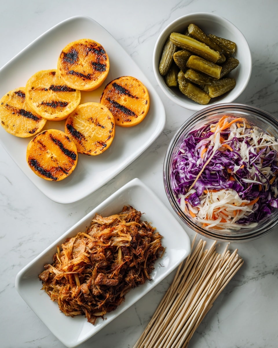 The image shows a meal with four parts on a white marbled surface. There is a white square plate with seven round grilled orange slices with dark grill marks, arranged in two rows. Next to it is a large clear glass bowl filled with shredded purple and white cabbage mixed with thin orange carrot strips. Below the grilled slices is a white rectangular plate piled high with shredded brown cooked meat. To the side is a small white bowl holding several green pickle slices. Nearby are five tied bamboo picks lying on the surface. Photo taken with an iphone --ar 4:5 --v 7