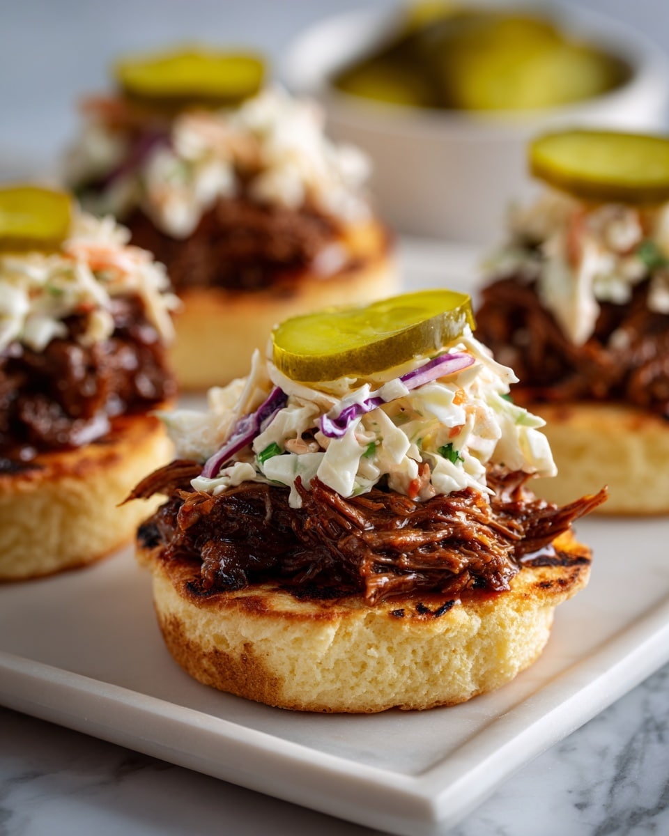 The dish shows two open-faced sandwiches on a white plate with a white marbled background. Each sandwich has a base layer of golden brown grilled round slice, topped with finely shredded slaw that has white, purple, and light orange colors. On top of the slaw, there is a thick layer of shredded, saucy meat in a rich brown color. Each sandwich is finished with a single green pickle slice placed on the meat layer. The focus is on the front sandwich, with the second sandwich softly blurred in the background. Photo taken with an iphone --ar 4:5 --v 7
