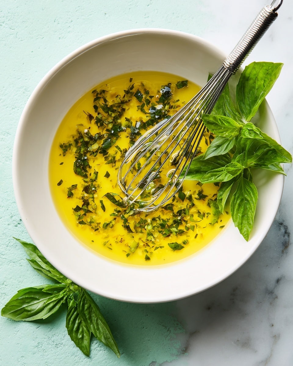 A white bowl holds a single layer of bright yellow-green liquid with small bits of dark green herbs mixed throughout. A shiny metal whisk lies inside the bowl on the right side, partially resting in the liquid. Fresh green basil leaves are placed on the white marbled surface near the top and bottom edges of the bowl. The overall colors are fresh and vibrant, with a smooth, slightly oily texture in the liquid, and the background is a soft minty green. Photo taken with an iphone --ar 4:5 --v 7