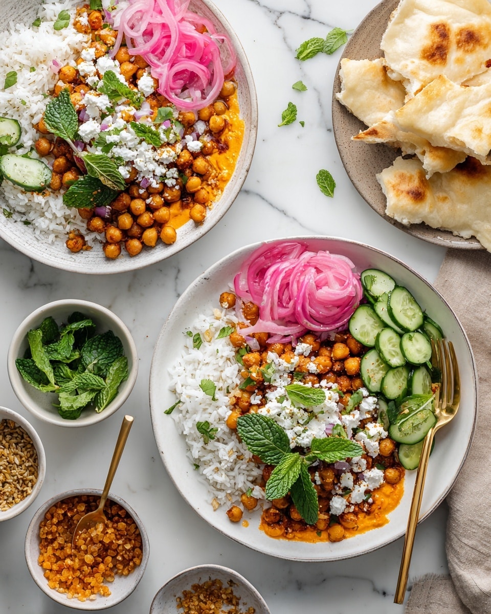 The image shows two white plates filled with colorful food on a white marbled surface. Each plate has a base layer of bright orange spread, topped with golden brown chickpeas and spiced cooked grains, sprinkled with white crumbled cheese and fresh green mint leaves and herbs scattered on top. There are several curved slices of pink pickled onions and chubby green cucumber pieces layered on the plate with a portion of fluffy white rice on one side. Beside the plates are small white bowls, one with more green cucumber pieces and another with fresh green herbs. There are also pieces of torn light golden flatbread on a white plate, a bowl of spiced grains, and a small bowl of orange spread with a gold spoon. The whole setup is vibrant and fresh-looking with a gold fork resting inside one plate. photo taken with an iphone --ar 4:5 --v 7