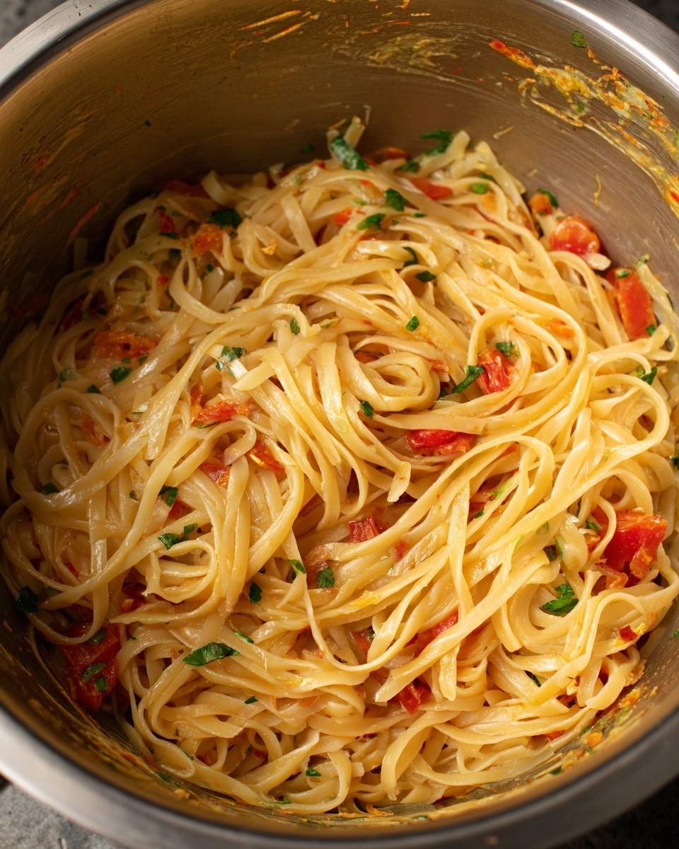 A white scalloped plate holds a serving of tagliatelle pasta with a simple tomato sauce. The pasta is pale yellow with a smooth texture, loosely layered at the bottom and winding upwards. Bright red tomato pieces and cherry tomatoes are scattered evenly across the pasta, adding a fresh, juicy look. Thin translucent slices of cooked onion are mixed in, creating a softness among the pasta and tomatoes. A light sprinkle of shredded white cheese is on top, and two fresh green basil leaves sit on the edge of the plate for garnish. The plate is set on a white marbled surface with a white cloth napkin partially under it. photo taken with an iphone --ar 4:5 --v 7