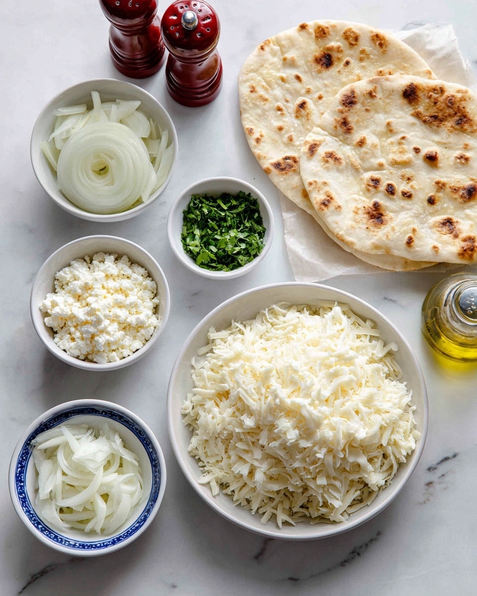 The image shows a setup of ingredients for making a flatbread dish on a white marbled surface. In the front center, there is a white bowl filled with a pile of shredded white cheese. To the left, there are two small white bowls, one with crumbled white cheese and another with thinly sliced white onions. Behind these bowls, there is another small white bowl filled with chopped green herbs. At the back center, a piece of flatbread with light brown toasted spots is placed flat on the surface. Red salt and pepper shakers stand upright behind the flatbread, and to the right, there is a small blue-rimmed white bowl with finely grated white cheese and a bottle of olive oil. The arrangement is neat and well-lit, with details clear and colors natural. Photo taken with an iphone --ar 4:5 --v 7