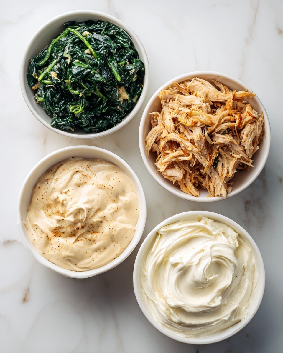 Four white bowls sit on a white marbled surface. The top left bowl is filled with dark green, cooked spinach that looks soft and leafy. The top right bowl holds a pile of finely shredded, light brown cooked chicken with some crispy texture. The bottom left bowl contains a smooth beige sauce with small bits of seasoning mixed evenly. The bottom right bowl has thick, creamy white cheese spread with swirled marks on the surface. photo taken with an iphone --ar 4:5 --v 7