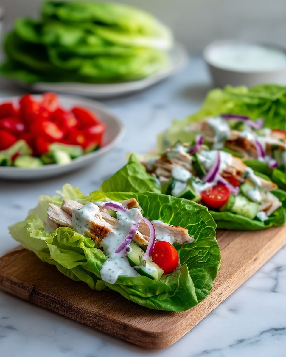 The image shows small wraps made with bright green butter lettuce leaves. Each leaf holds slices of light brown cooked chicken, small halves of red cherry tomatoes, thin slices of pale green cucumber, and some thin red onion strips on top. White creamy sauce is drizzled over the ingredients, giving a fresh and tasty look. In the background, more green lettuce leaves are stacked on a wooden board, and a white plate holds more chopped tomatoes, red onions, and cucumbers. The surface is a white marbled texture with soft lighting, creating a fresh and clean feeling. photo taken with an iphone --ar 4:5 --v 7