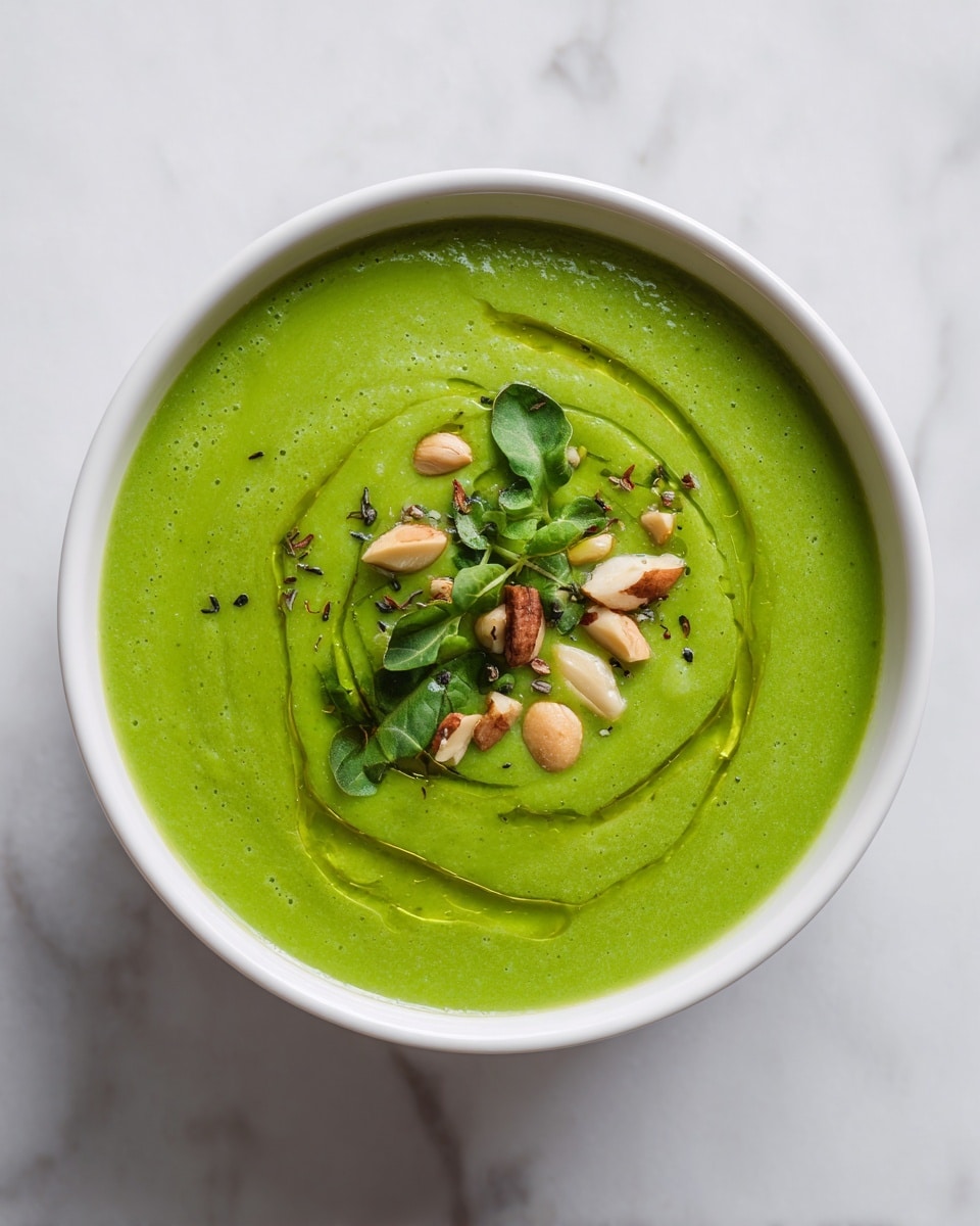 A light green soup with a smooth and creamy texture fills a white ceramic bowl, topped with a swirl of darker green oil or sauce. On the surface, scattered pale seeds and green pumpkin seeds add a crunchy texture. A couple of fresh green leaves rest on one side. The bowl sits on a white marbled surface with a shiny silver spoon nearby. The photo taken with an iphone --ar 4:5 --v 7