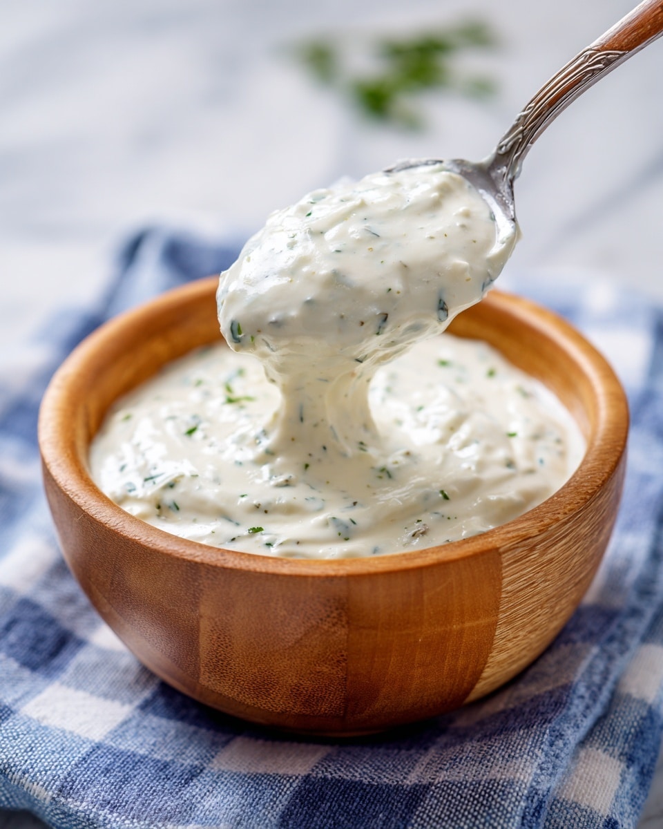 A wooden bowl filled with thick, creamy white sauce that has small green herb specks mixed throughout. A metal spoon lifts a generous scoop of the sauce, showing its smooth but slightly textured surface. The bowl sits on a blue and white checkered cloth, placed on a white marbled surface. The background is softly blurred with hints of green and white ingredients. photo taken with an iphone --ar 4:5 --v 7