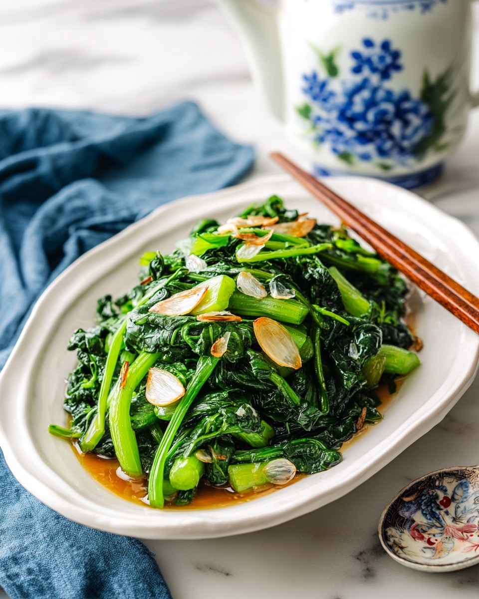 A white oval plate holds a single layer of bright green leafy stems cooked and mixed with thin slices of light golden garlic. The greens look soft with some shine from a light brown sauce pooled beneath them. Two wooden chopsticks rest parallel on the right edge of the plate. The plate sits on a white marbled surface with a blue cloth to the left and a white ceramic jar with blue floral designs behind it. Photo taken with an iphone --ar 4:5 --v 7