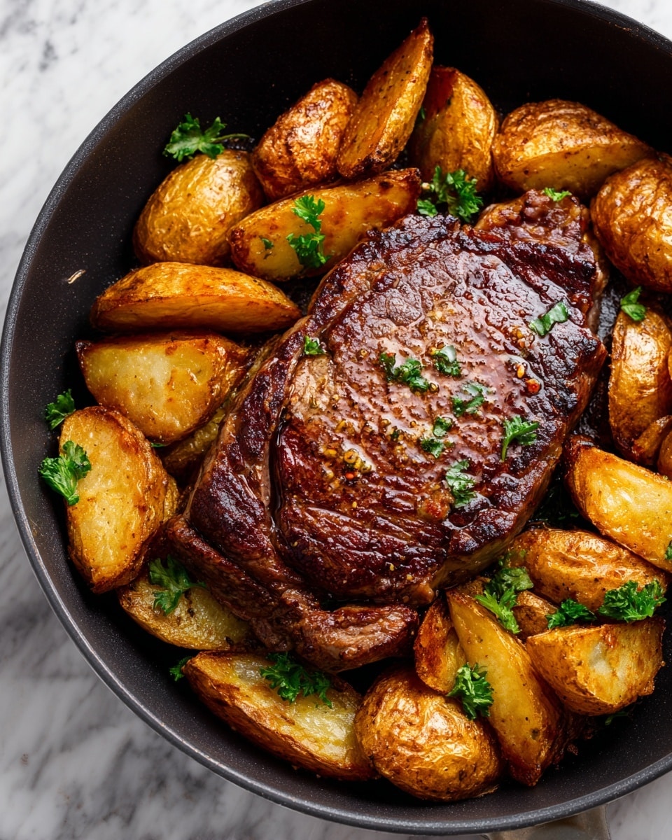 A thick, juicy cooked steak with a rich brown sear on top and a glossy surface from melted butter sits in the center of a black pan. Surrounding the steak are golden-brown roasted potato wedges with a crisp texture. Green parsley leaves can be seen under the potatoes, adding a bright touch to the dish. The pan sits on a white marbled surface. photo taken with an iphone --ar 4:5 --v 7