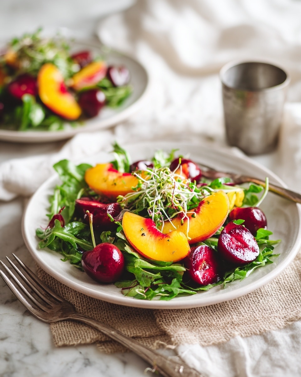 A white plate holds a fresh, colorful salad layered with deep green leafy base filling the bottom, topped with bright yellow and red peach slices placed evenly around the plate, dark red cherries arranged in the center and scattered around, and a fine layer of light, thin white sprouts spread on top. The plate is set on a piece of rough beige burlap that lies on a light white marbled surface, with a silver fork partially visible beside the plate. Behind the first plate, another similar white plate with the same salad is blurred, along with a white cloth napkin and a metallic cup in the background. Photo taken with an iphone --ar 4:5 --v 7