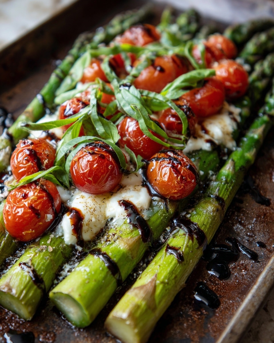 The image shows a layer of green asparagus stalks laid out in a row on a dark baking tray with some melted white cheese scattered between them. On top of the asparagus, there is a layer of bright red cherry tomatoes, some whole and some sliced in half, providing a shiny and juicy texture. Thin ribbons of fresh green basil leaves are spread over the tomatoes, adding a pop of color and freshness. The dish is finished with a drizzle of dark balsamic glaze that creates shiny spots and a rich contrast on the vegetables. The setting has a white marbled texture beneath, enhancing the colors of the dish photo taken with an iphone --ar 4:5 --v 7