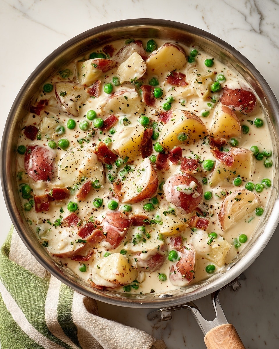 A close-up view of a shiny metal pan filled with a creamy white sauce mixed with chunks of red-skinned potatoes and bright green peas. The sauce has a smooth texture speckled with freshly ground black pepper, evenly coating the cut potato pieces and peas. The pan sits on a white marbled surface with a beige and green kitchen towel draped partially around the handle. The colors contrast nicely with the pale sauce, showing the creamy base, red skins, and green peas clearly. Photo taken with an iphone --ar 4:5 --v 7