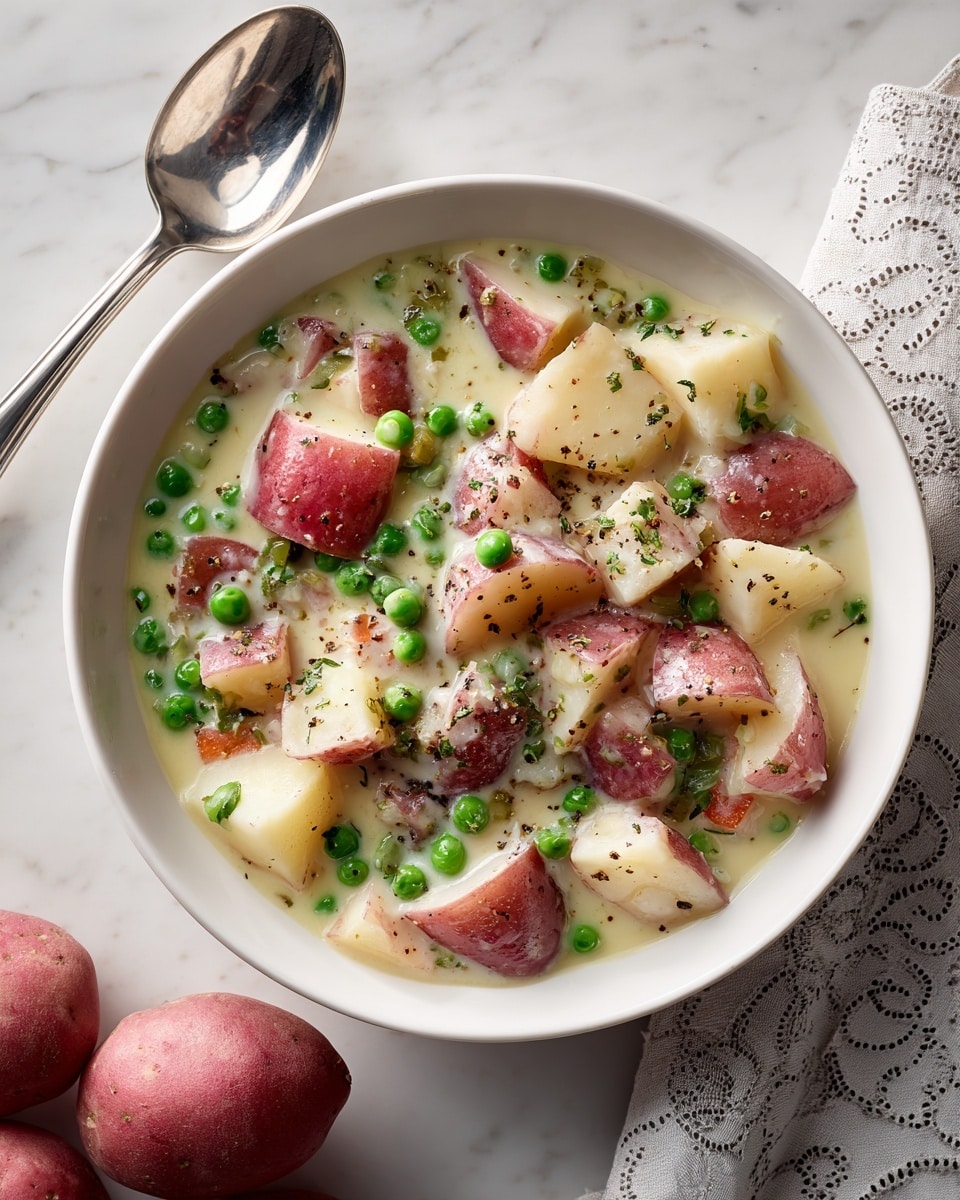 A white bowl filled with a creamy dish of cubed red-skinned potatoes and bright green peas mixed evenly in a thick white sauce, sprinkled lightly with black pepper on top. The potatoes have smooth, shiny surfaces with soft edges, and the peas are round and fresh-looking, scattered throughout the sauce. The bowl sits on a white marbled surface with a gray and white patterned cloth nearby, and a silver spoon is placed beside it. The lighting is bright and natural, enhancing the colors and textures. photo taken with an iphone --ar 4:5 --v 7