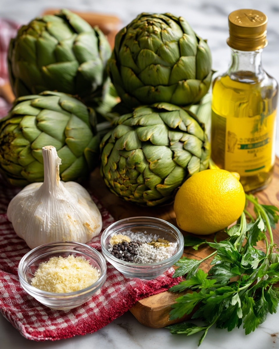 The image shows fresh whole artichokes grouped in the background, with a bright yellow lemon and a bulb of garlic placed in the foreground on a wooden surface. Small clear glass bowls are filled with ingredients including light-colored breadcrumbs, white salt crystals, black pepper, and grated parmesan cheese arranged neatly beside a bottle of golden olive oil and vibrant green Italian parsley sprigs. The setting also includes a red and white checkered cloth adding a rustic touch to the display, all set on a white marbled texture photo taken with an iphone --ar 4:5 --v 7