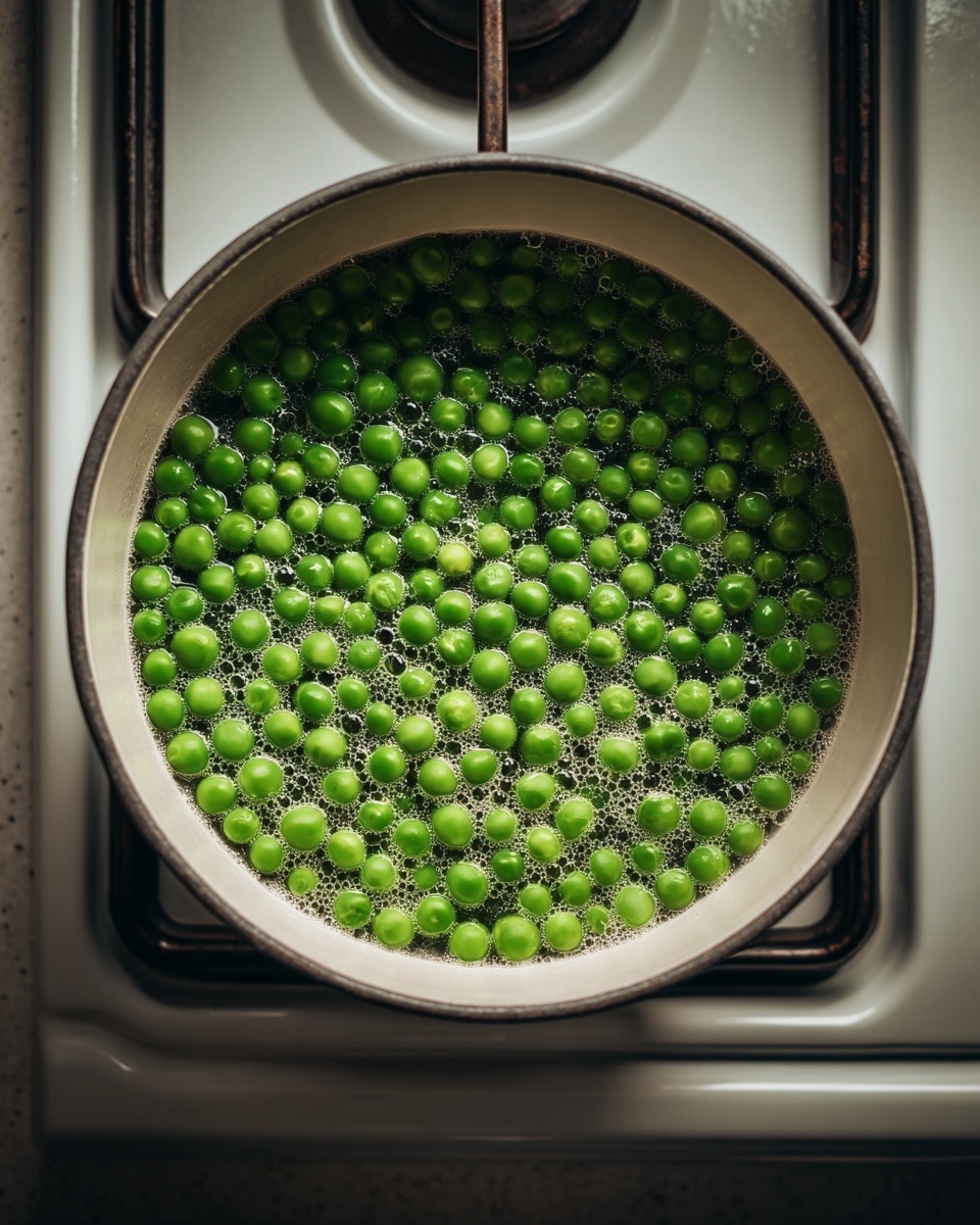 A white pot with a thick gray rim sits on a light gray stove top, filled with a single layer of bright green peas covered with water, showing small bubbles rising from boiling. Photo taken with an iphone --ar 4:5 --v 7
