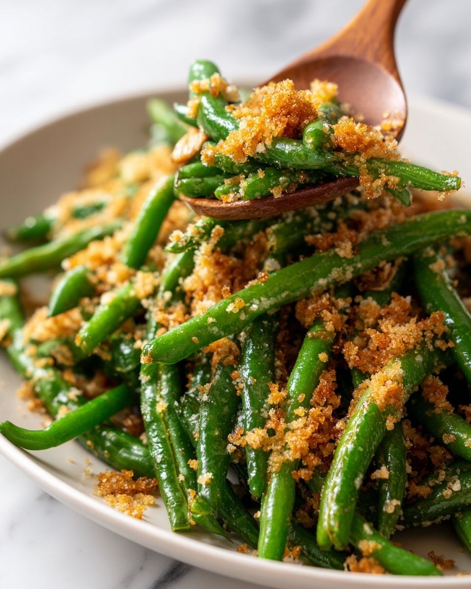The image shows a close-up of a bunch of green beans with a crispy golden crumb topping. The green beans are bright green with some parts slightly browned from cooking. The crumb topping is sprinkled on top and around, with a crunchy and small flake texture. A wooden fork is lifting the bunch of green beans, emphasizing their size and texture. The food is on a white plate, and the background is a white marbled surface. photo taken with an iphone --ar 4:5 --v 7