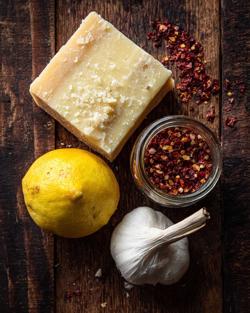 The image shows four ingredients placed on a dark wooden surface: a block of pale yellow Parmesan cheese with rough texture and visible markings, a bright yellow lemon with a smooth rind, a small glass jar filled with red chili flakes, and a whole garlic bulb with white papery skin and a long stem. The arrangement is simple with each item spaced apart. photo taken with an iphone --ar 4:5 --v 7