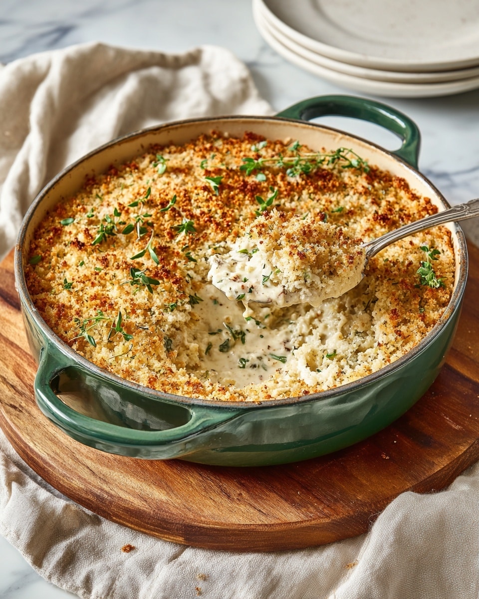 A baked dish in a light green pan with two small handles, filled with a single thick layer of golden brown, crispy topping that has a rough, crumbly texture. Small sprigs of fresh green herbs are scattered on top, adding color contrast. The pan is placed on a round wooden board on a soft beige cloth with visible folds and texture, all set against a white marbled surface. A silver spoon lies to the left of the pan, and a white plate is partially visible in the upper left corner. photo taken with an iphone --ar 4:5 --v 7
