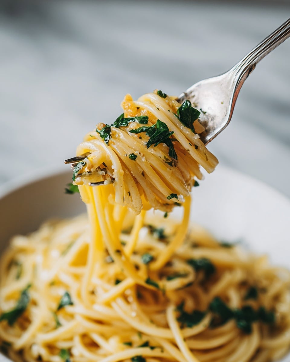A close-up of a fork holding a small bundle of spaghetti noodles twisted around its prongs, with bits of light green herbs and small light brown pieces mixed in. The background shows a slightly blurred white marbled surface and a white bowl filled with more spaghetti. The lighting is soft and natural, highlighting the smooth texture of the noodles and the freshness of the herbs. Photo taken with an iphone --ar 4:5 --v 7