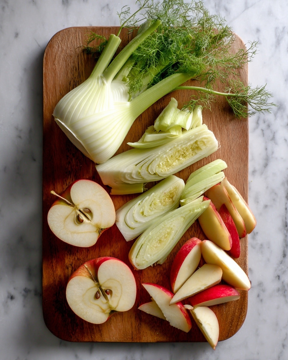 The image shows a wooden cutting board on a white marbled surface with a mix of chopped vegetables and fruit. There is one large bulb of fennel at the top center, with feathery green stalks extending upward. Around it, there are several slices of pale green fennel with visible layers and ribs, spread out across the board. To the lower right, several thin wedges of red-skinned apple with white flesh are placed in a scattered way. Toward the lower left, there is a halved apple with the core and seeds visible. The overall colors are light green and white from the fennel and pale red and white from the apple. photo taken with an iphone --ar 4:5 --v 7